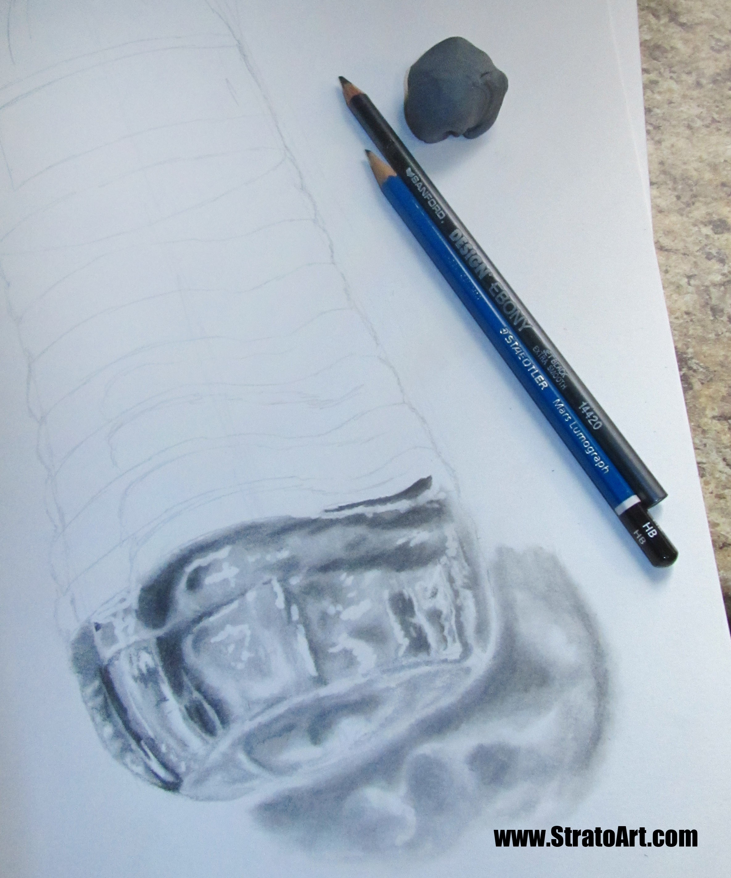 Working on the shadow as well as caustics, the light that is refracting through the plastic bottle and the water inside and illuminating on the surface.