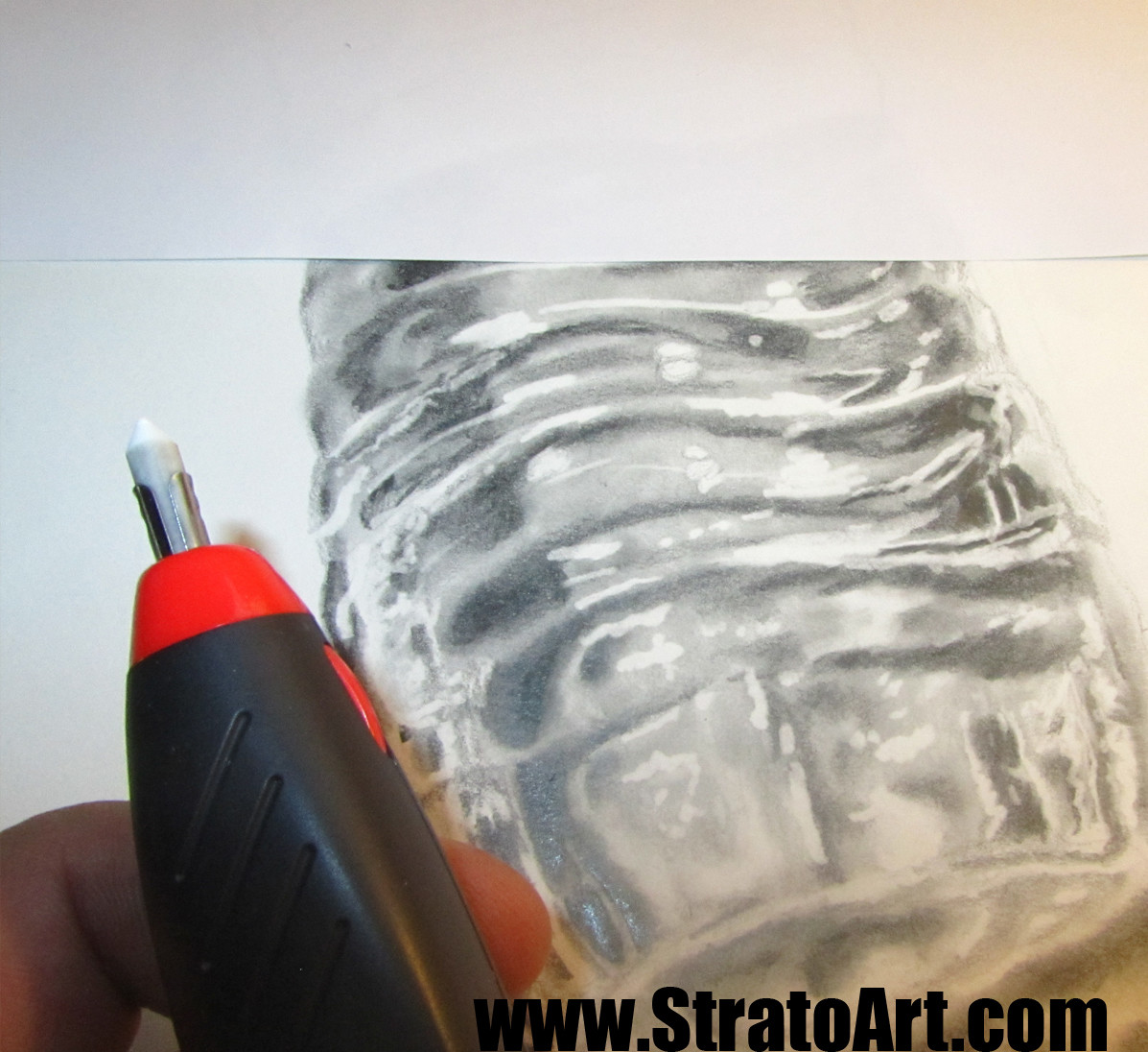 The eraser nibs are hi-polymer white eraser sticks that I sharpen on sandpaper. You can see the highlights that I lift in the drawing.