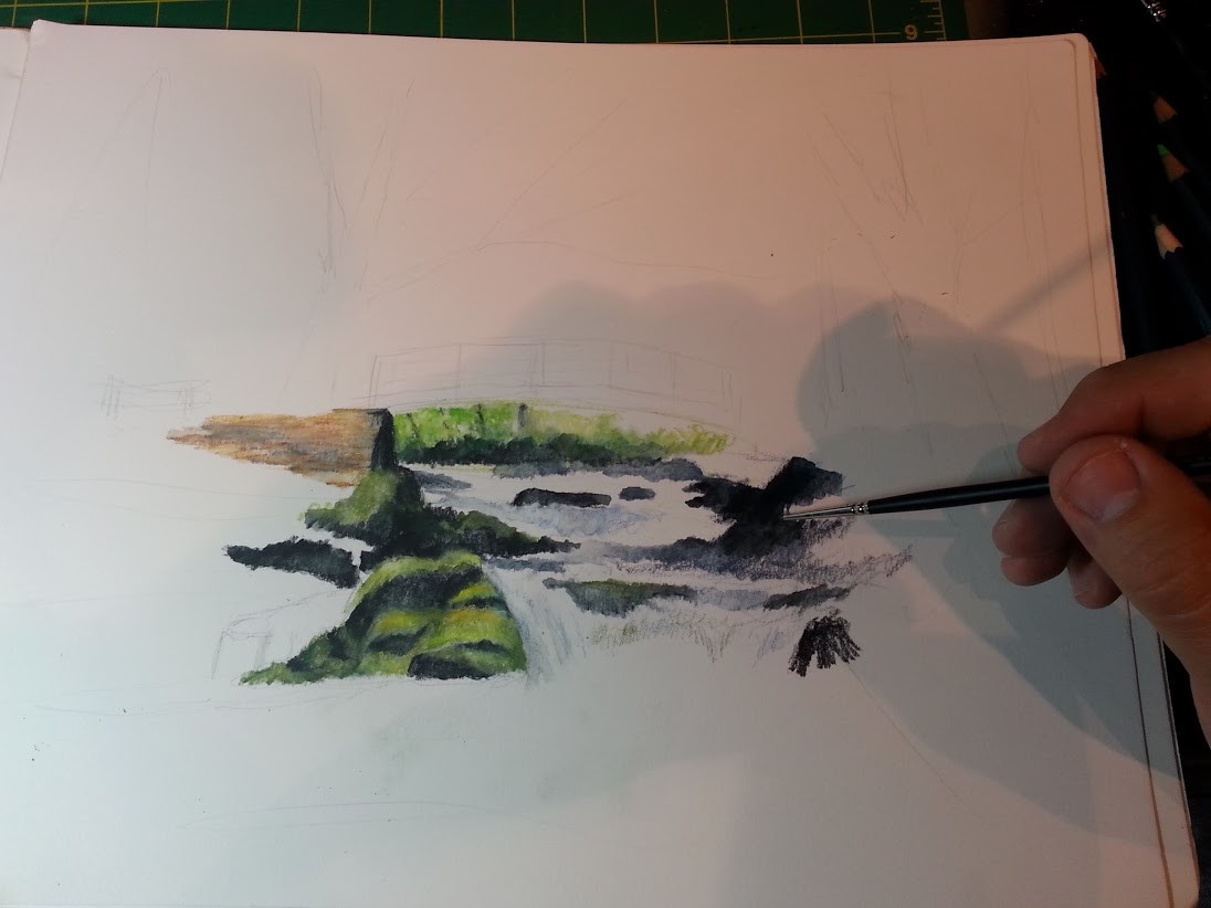 After laying down some color, I begin to use a wet, clean brush to blend  with. I go back and forth between pencil and brush to produce the art. The more clean water on the brush, and less pencil, the lighter the tone.