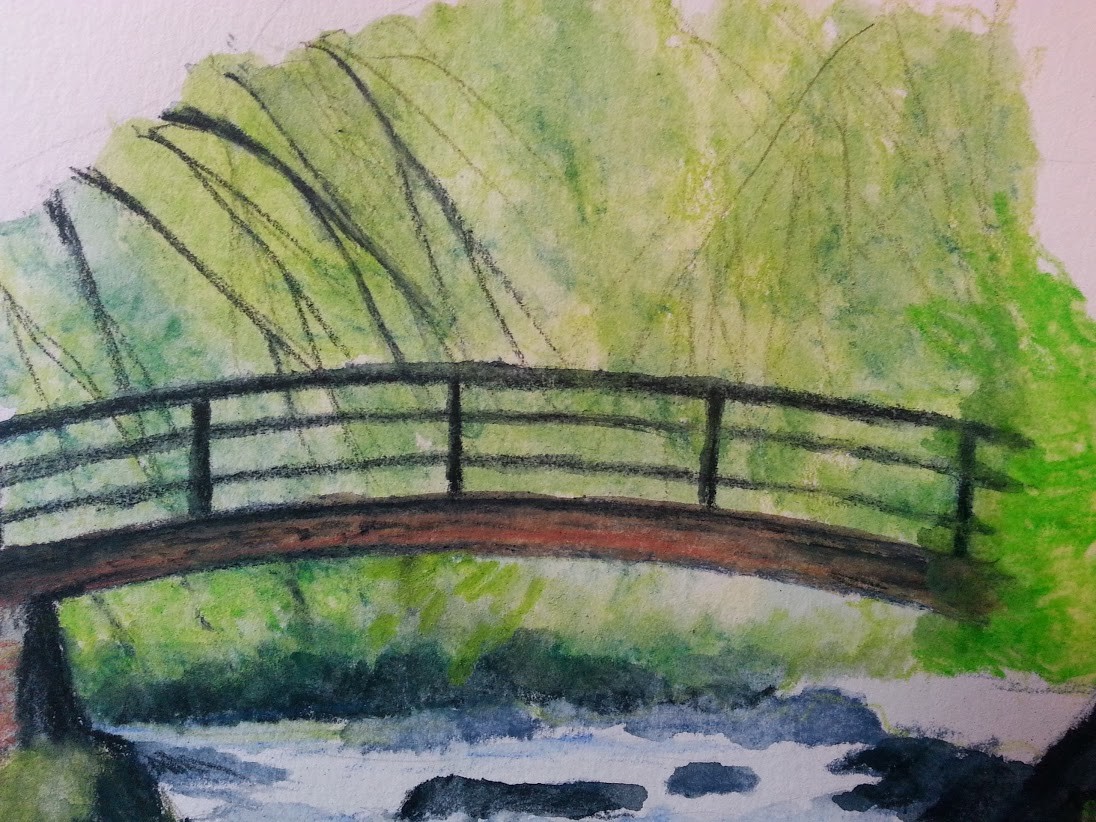 Detail of the bridge and trees beyond it. I like the soft watercolor feel of these watercolor pencils. I can break out of my technical rigidity that I'm normally used to and exercise more artistic freedom this way.