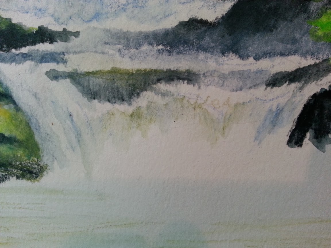 Detail of the turbulent waterfall. I don't need or want to draw/paint every single water droplet detail, this piece is loose and allows me more freedom than a technical drawing.