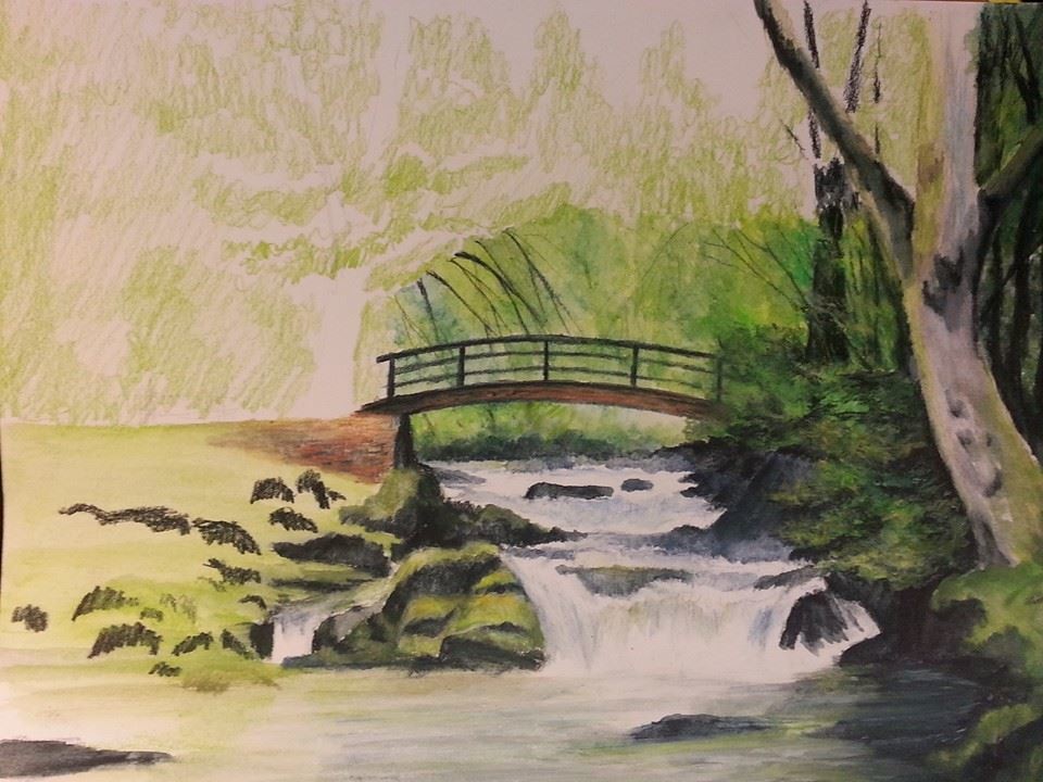 Using a scumbling technique again, I produce the light forest area that's behind and to the left of the bridge