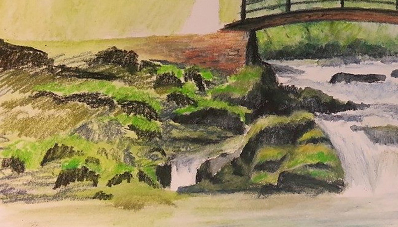 Very sketchy pencil work on the foreground rocks