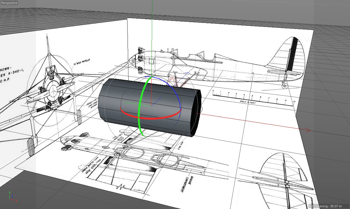 I start off with a cylinder primitive. My line drawings are all lined up, ready to go.