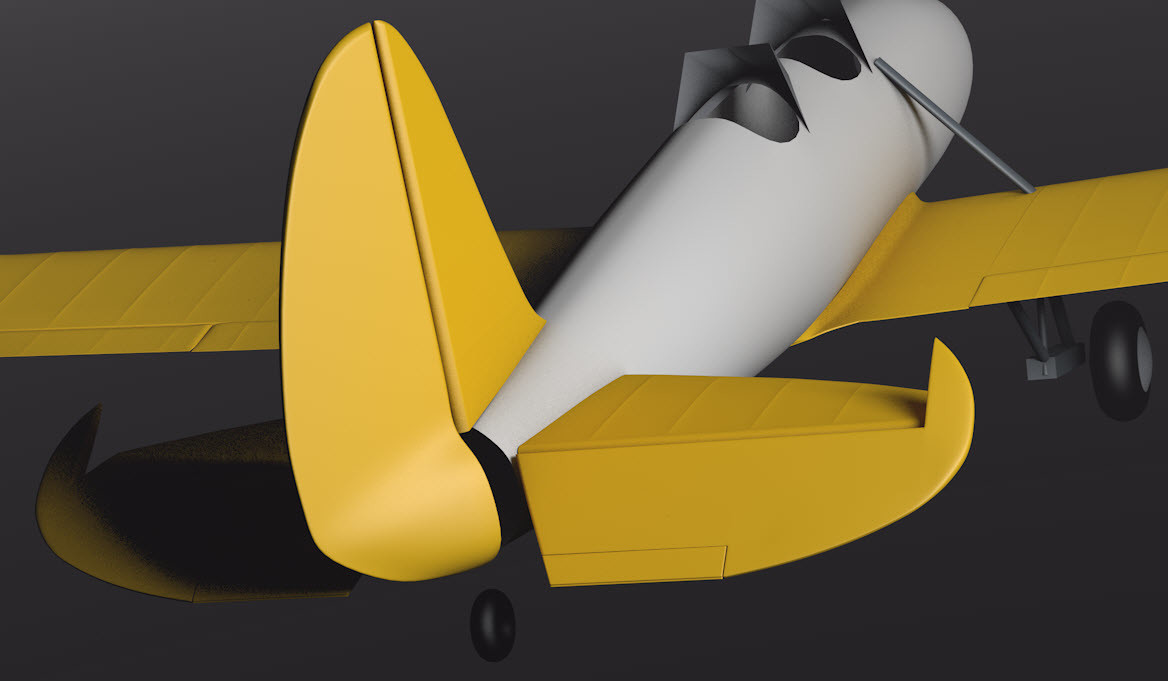Slicing up the rudder from the vertical stab and the elevators from the horizontal stabs. Also cutting out the elevator trim tabs, flaps and ailerons.