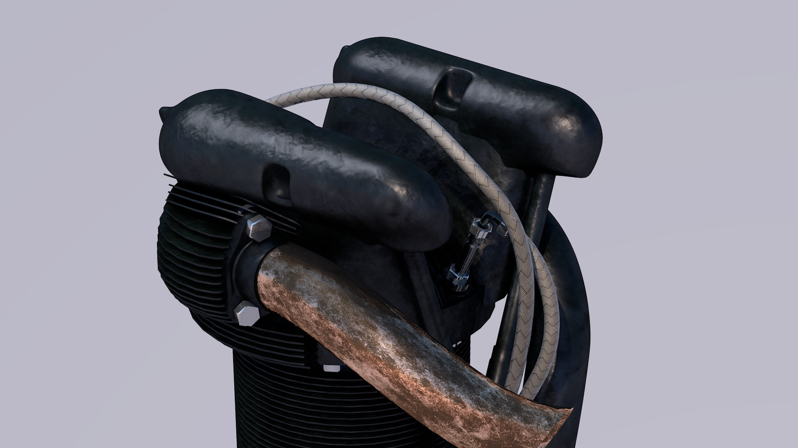 Texture test of the engine cylinder plus braided wires and a tarnished exhaust pipe.