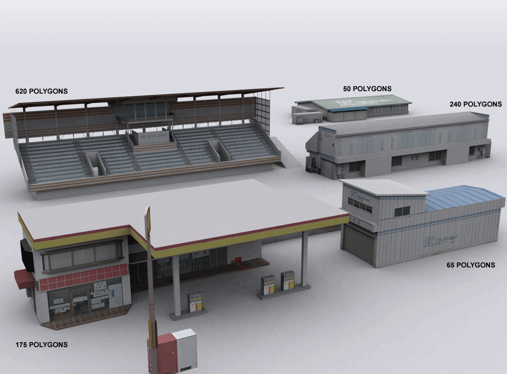 Real- world structures from the Tsukuba Circuit modeled/ textured from photo reference.