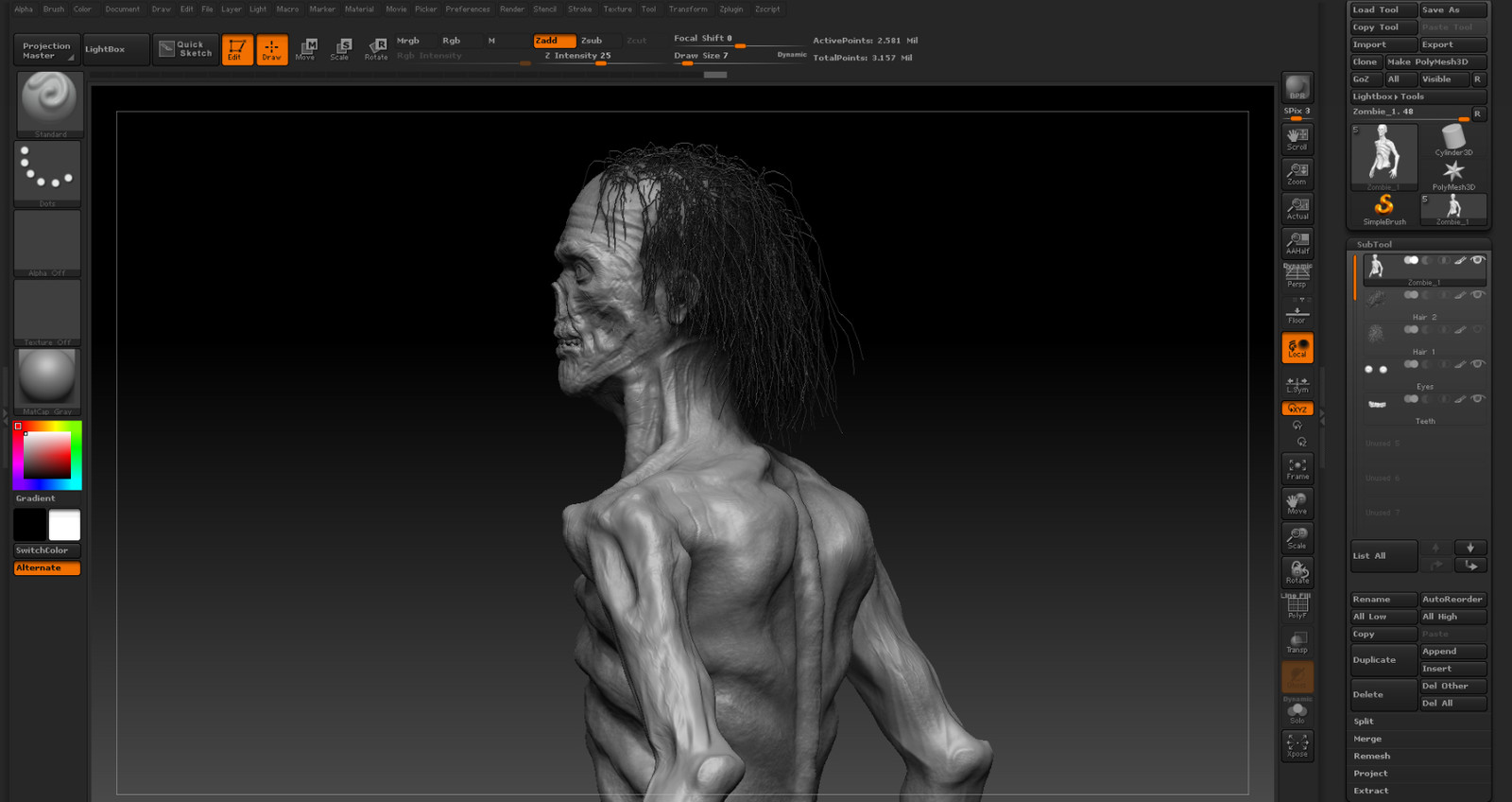 Close up in Zbrush with fiber mesh subtool. 