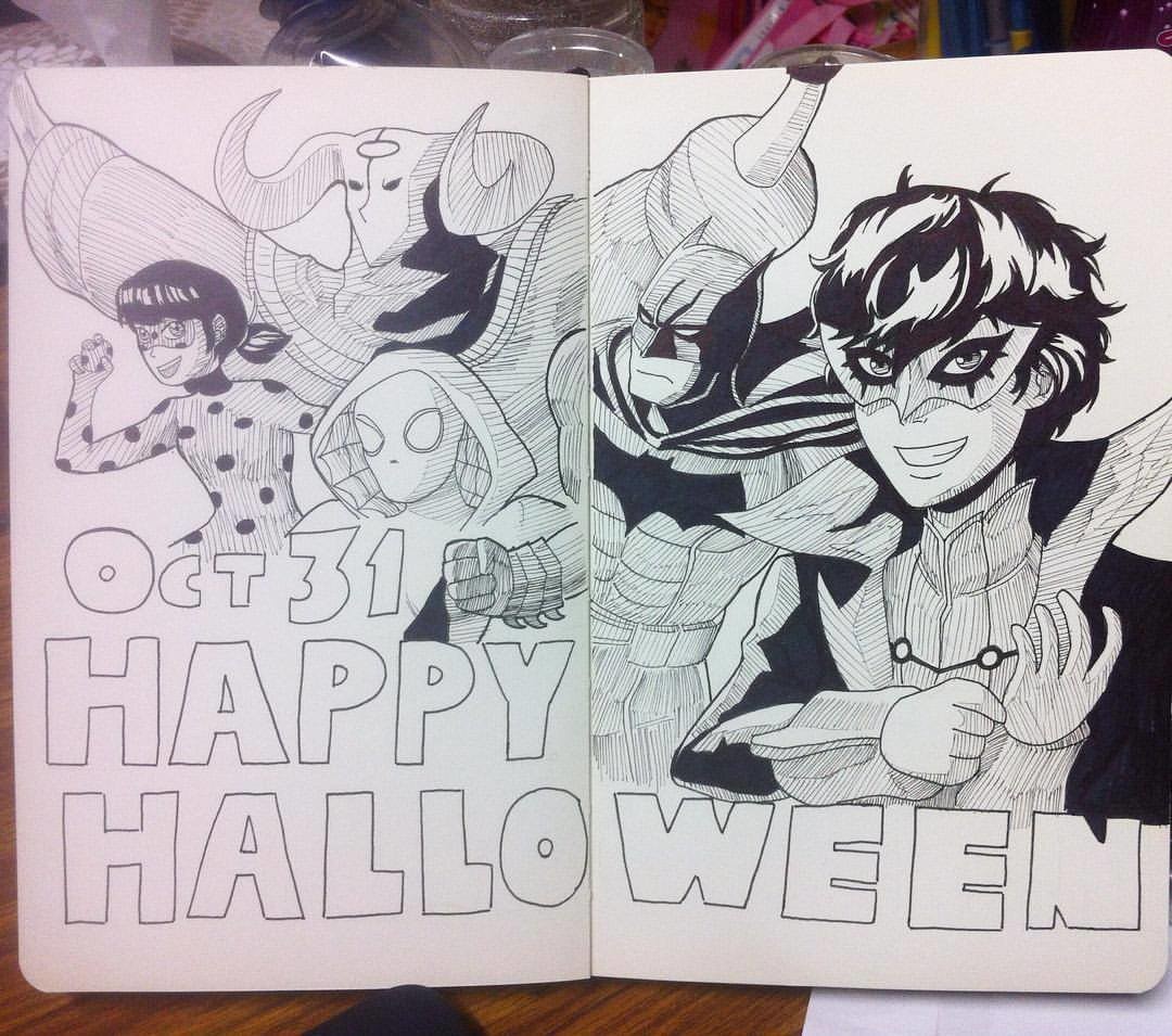 Day 30 - Mask (Persona 5, Batman, Spider-Gwen, Pyre, Miraculous Ladybug)