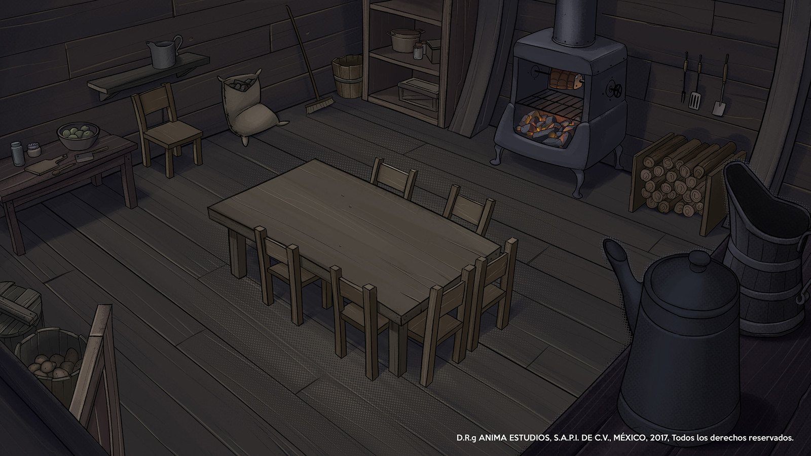 The kitchen inside the airship.