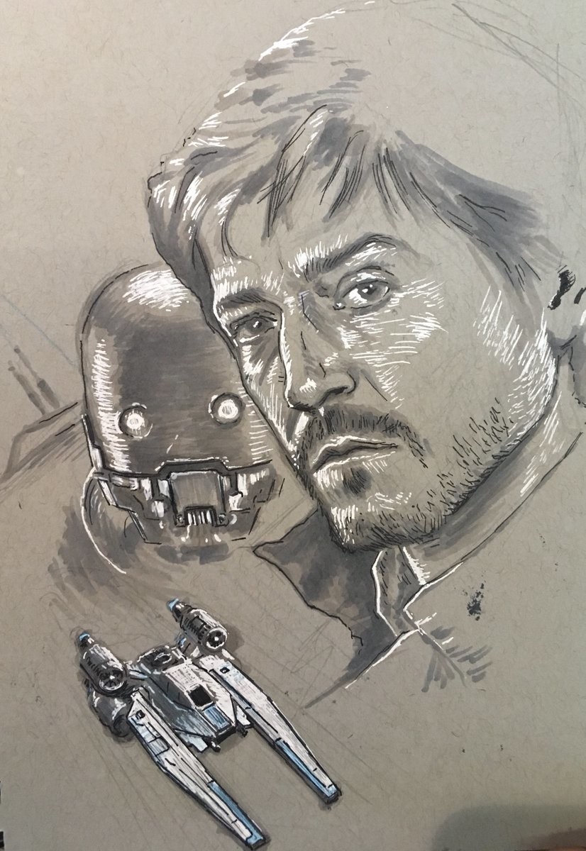Cassian Andor, K-2SO, and U-Wing. Prismacolor markers, ink, white gel pen.
