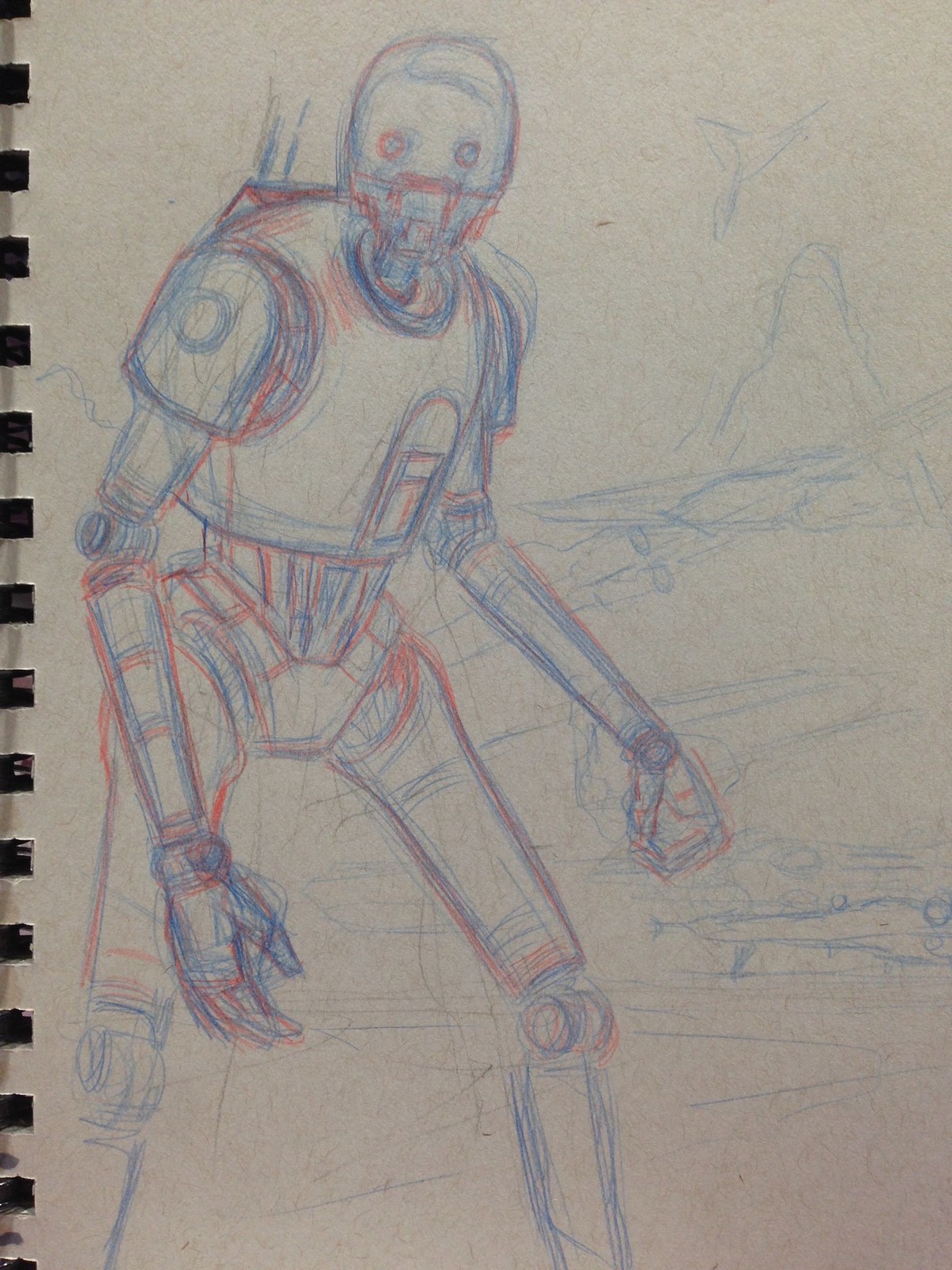 K-2SO. Early WIP with blue and red pencils.