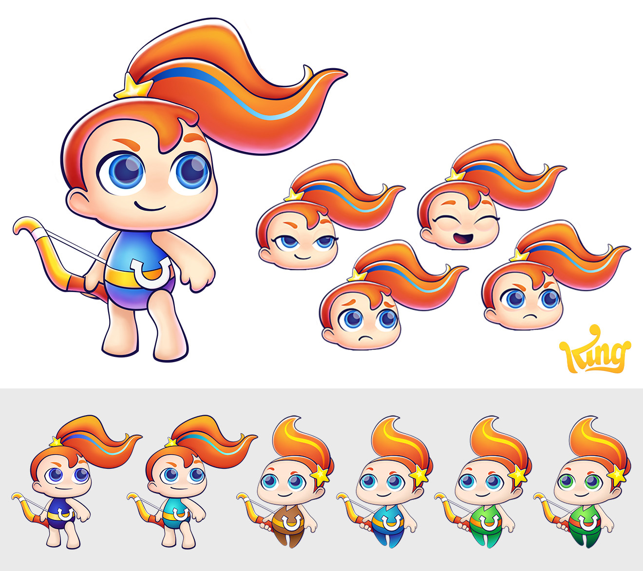 Final design of the Sagittarius character with a set of expressions. Done in Illustrator, polished in Photoshop, exported for animation in Spine.
Below, color researches.