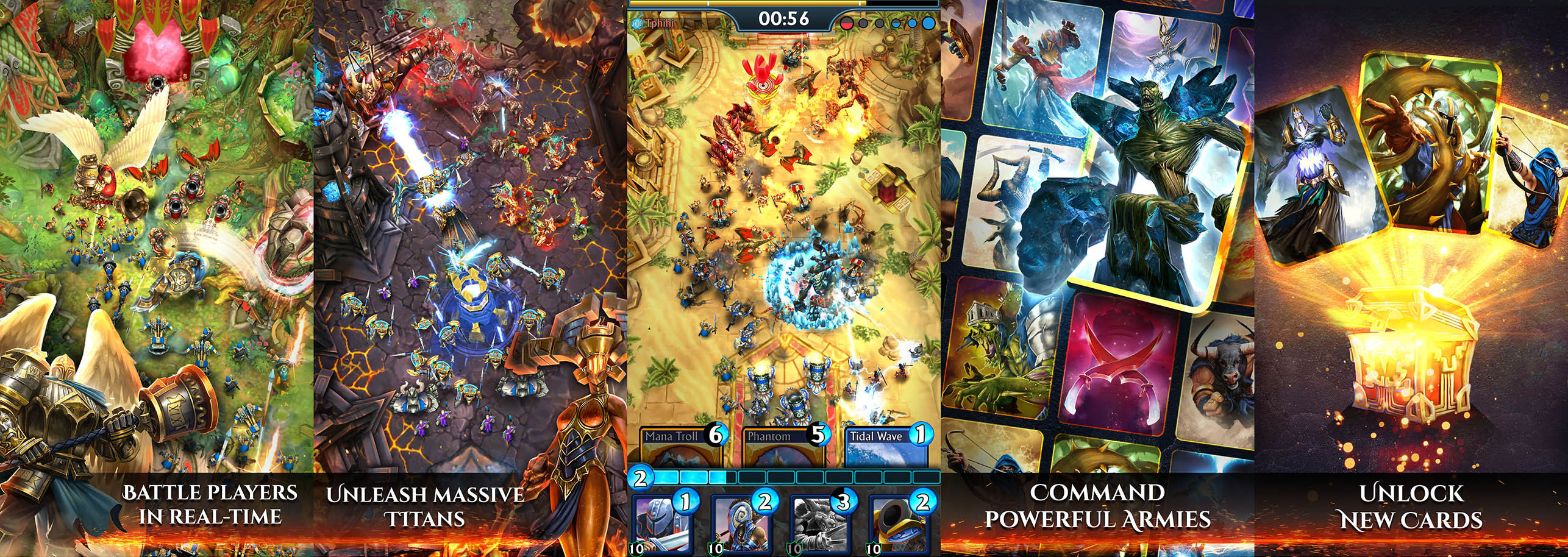 App Store screenshots created for the mobile game Siege: Titan Wars.
I made the in-game screenshots look better (composition, light), created a new banner style for the text, and worked on the composition and effects of the cards screens.