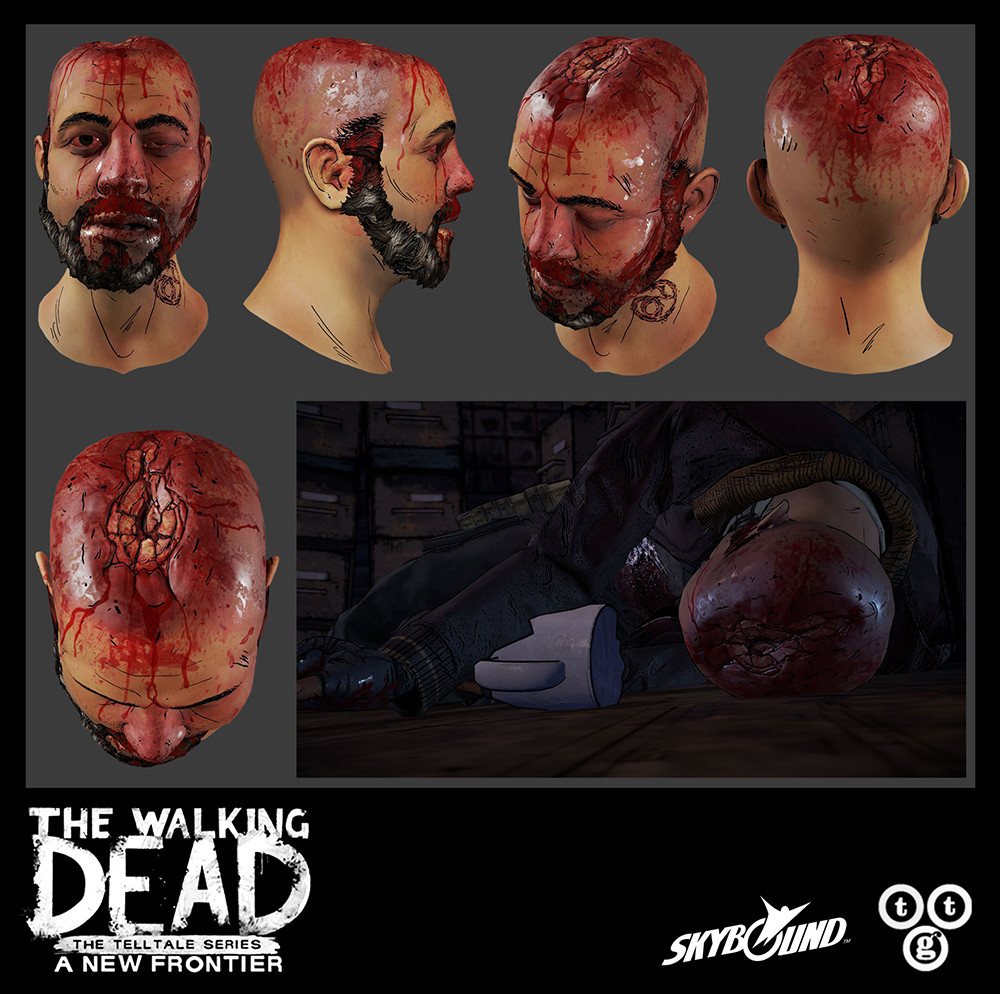 Baseball bat to the head, second stage damage, on Badger for The Walking Dead: A New Frontier. For the damaged area, I did the sculpting, low-poly, integrated the new mesh into the existing head, bakes, and textures.