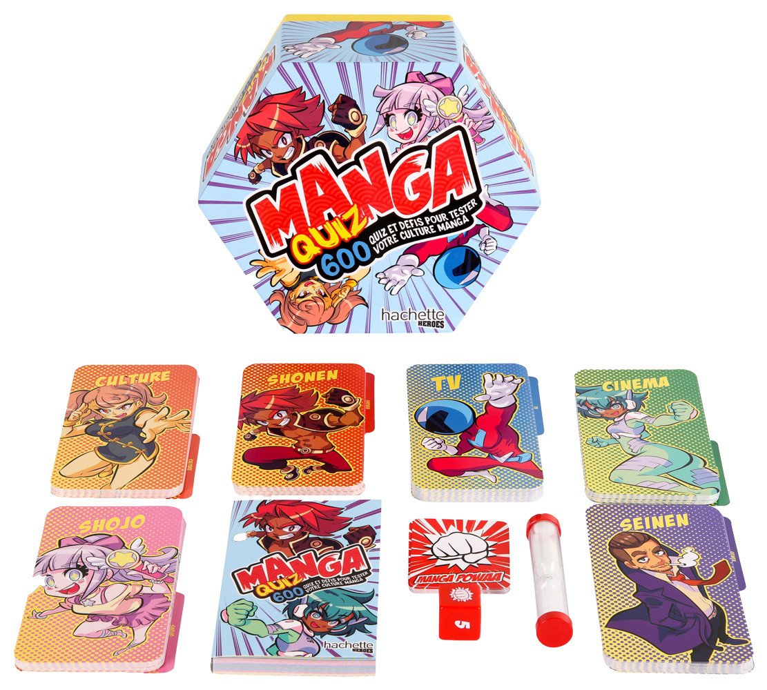 The box, all quiz cards, a booklet with infos on all the mangas and animes from the game, bonus cards and dice.
