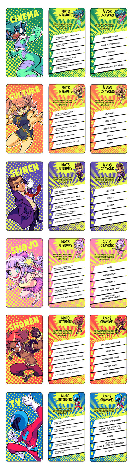 Quiz cards and their different categories.