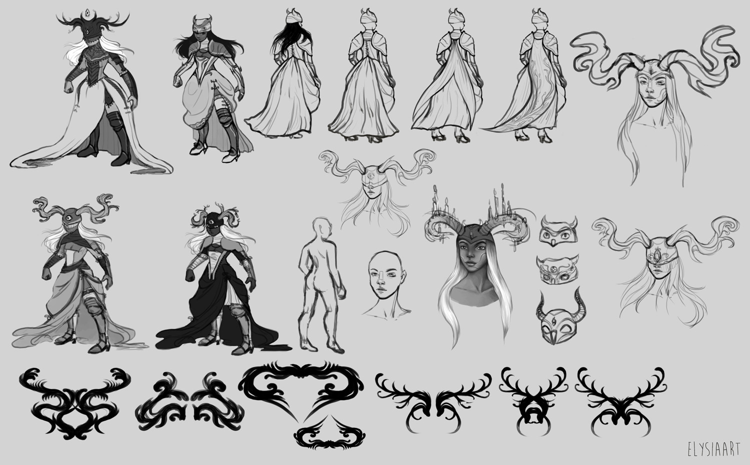 Variations on the bottom left sketch from previous image. Includes costume and hat and hat embellishment sketching!