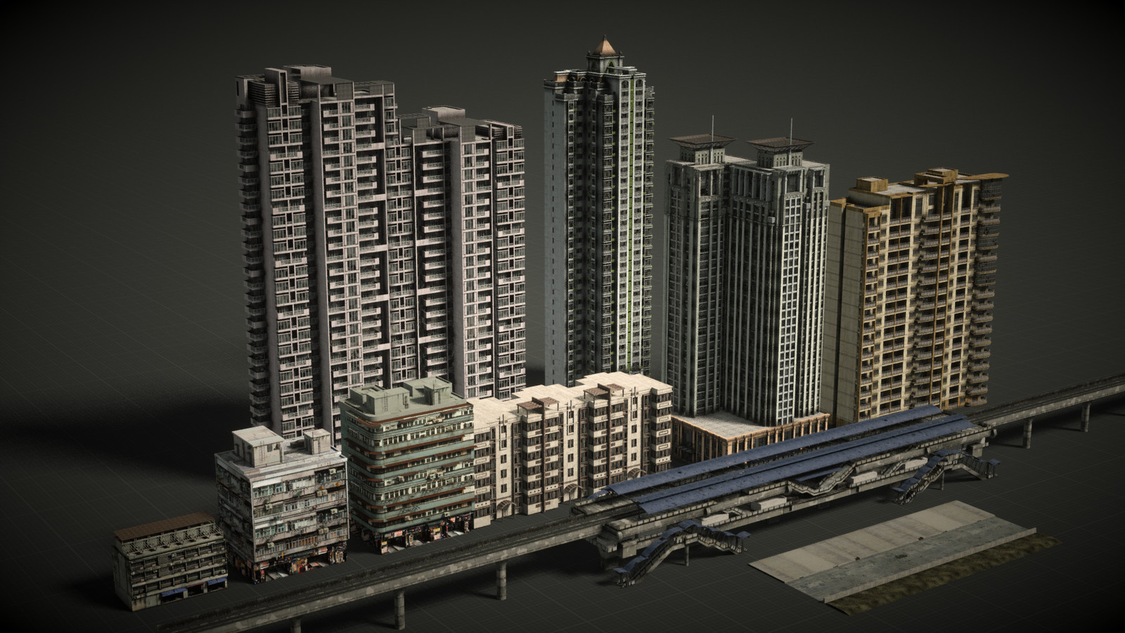 Buildings made myself or from google wharehouse, then textured using procedural shaders