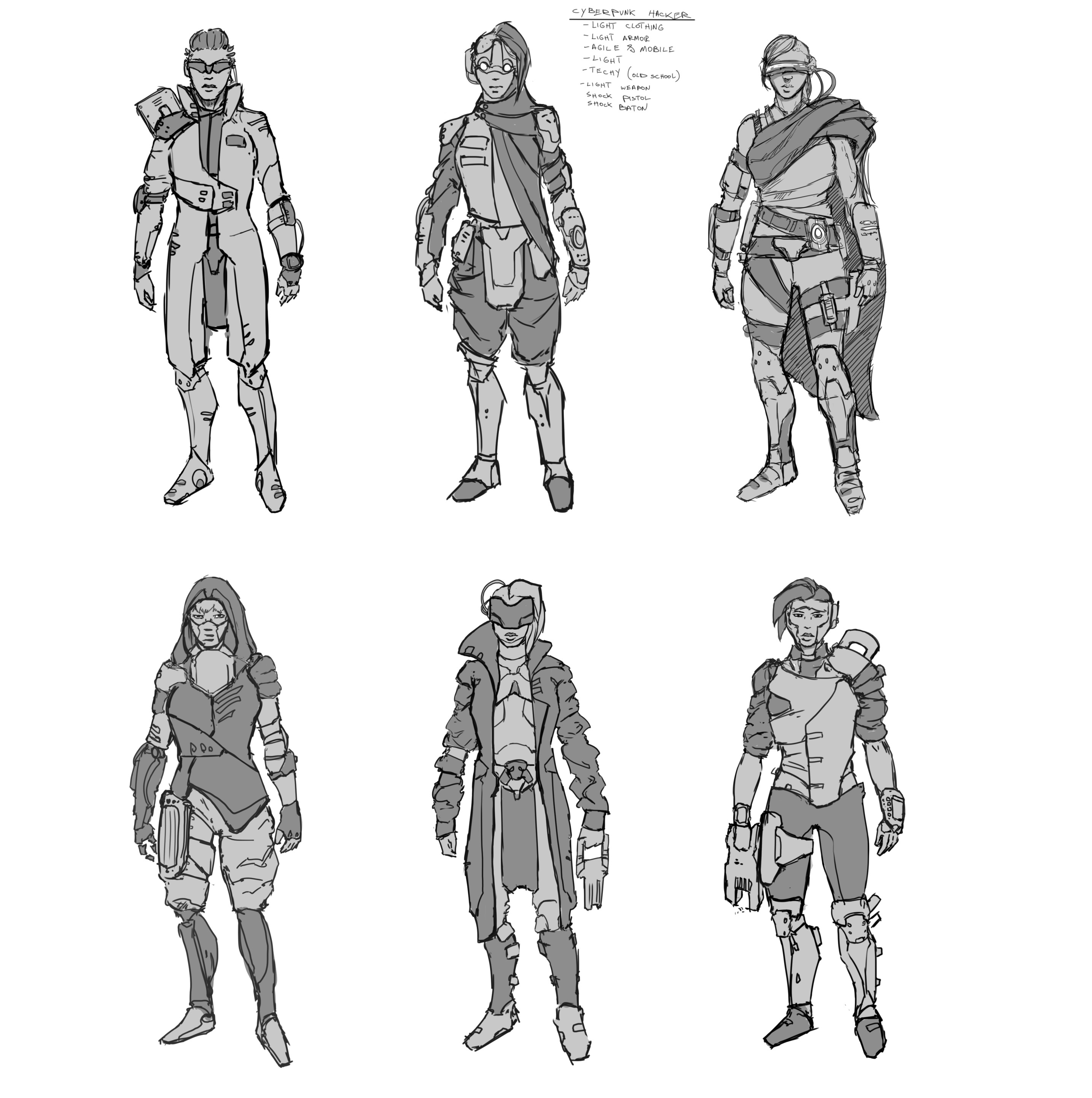 Thumbnail sketches to explore design and style of the character