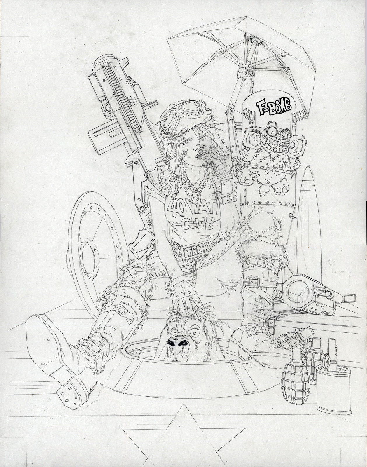 Drawing transferred and outlined on full size art board