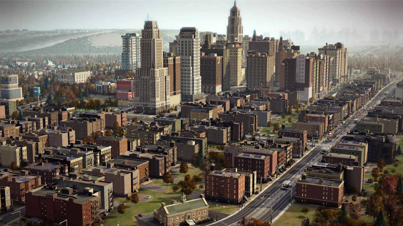 In- game screenshot of a low/ mid wealth residential and commercial area. Image color shifts were done in game with CLUTs (accessible in the settings menu)