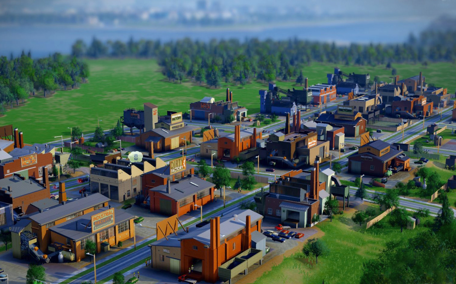 In- game screenshot of a low- density, low- wealth, industrial buildings