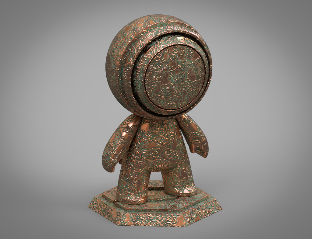 Alternate version of procedural baroque material, displaying randomized swirls in relief on copper with patina grunge.