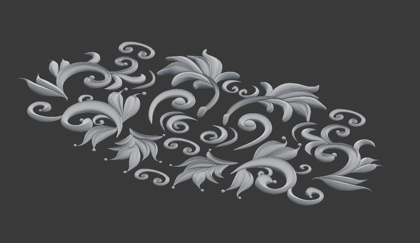 Scroll work sculpted in Blender using beveled and tapered curve objects, baked onto flat surface.