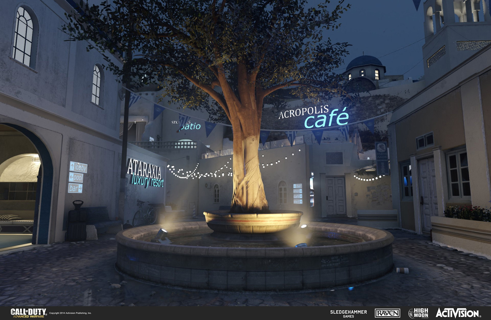 Geo work for fountain and light canisters in the multiplayer map Terrace. The fountain was created in the game engine and the light canisters in 3DSMax. Also in the background are hanging wires (for the lights) and lit signs, both created in 3DSMax.
