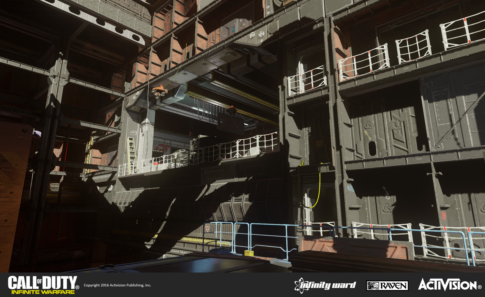 Portions of the ship such as the interior of the loading/landing bay were modified from Single Player. The modular sections were inspired by naval shipyard construction and concept art by Kevin Long.