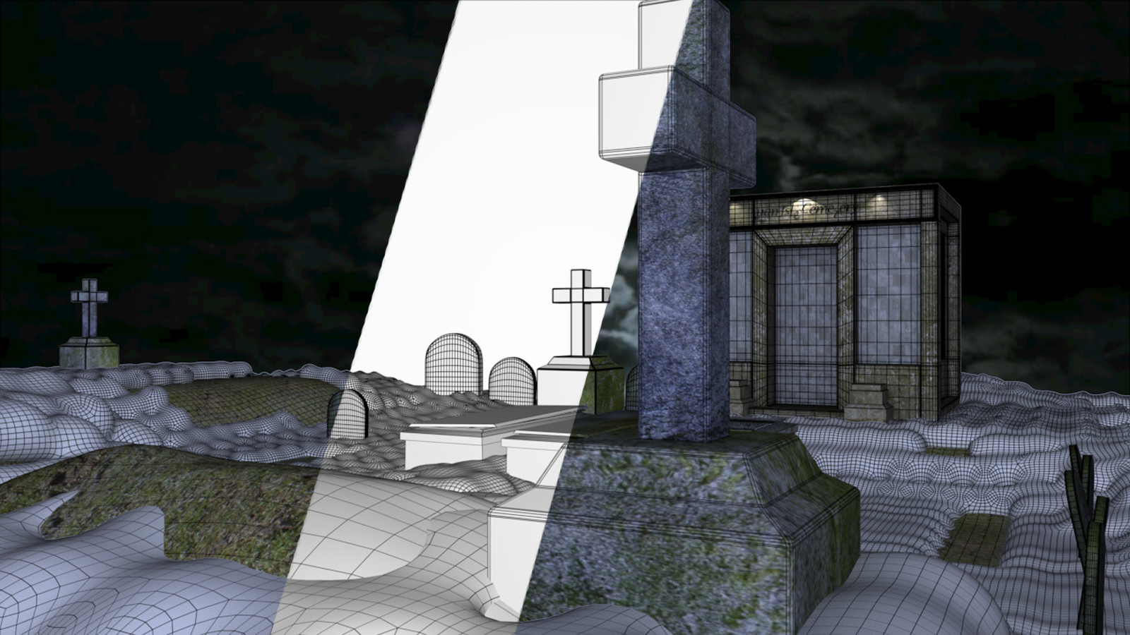 Cemetery Environment half wireframed and textured
