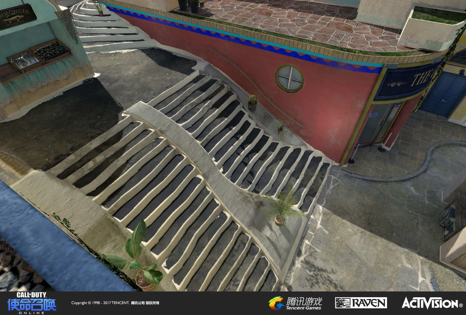 I created the stairway geo within the game engine and applied newly created plaster material treatments based on stairways in Santorini, Greece. The market stall atop the stairs was created by Raquel Garcia.