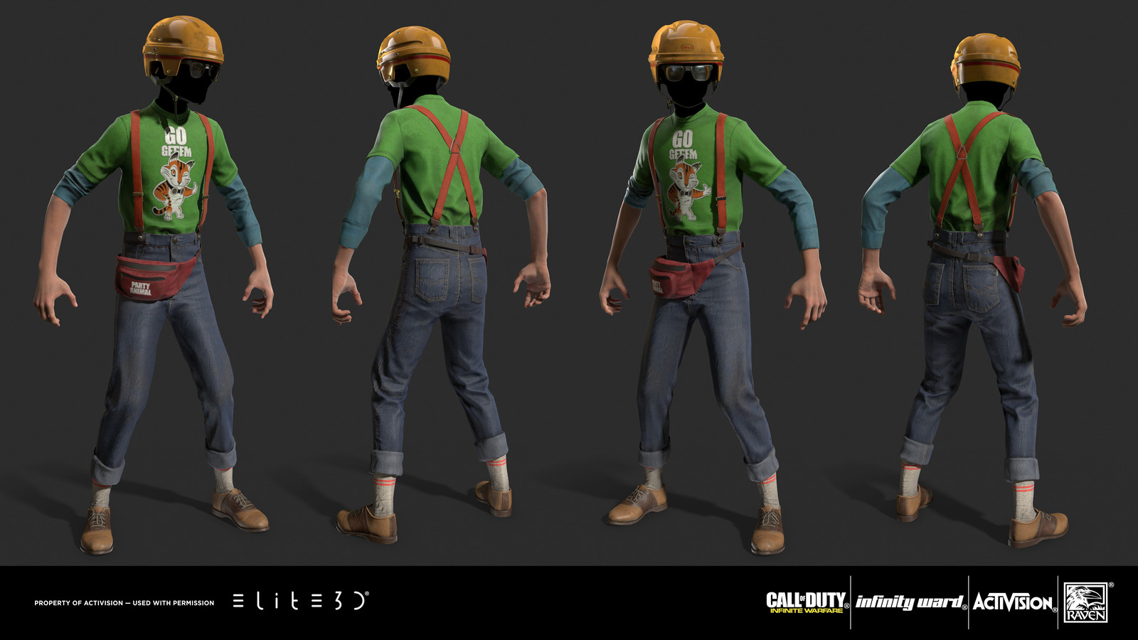 I was responsible for the Helmet, Fanny pack and Glasses.

Hands, t shirt, pants, suspenders, socks and shoes by Rubén Signes https://www.artstation.com/artist/rubensignes
Concept by Thomas A. Szakolczay