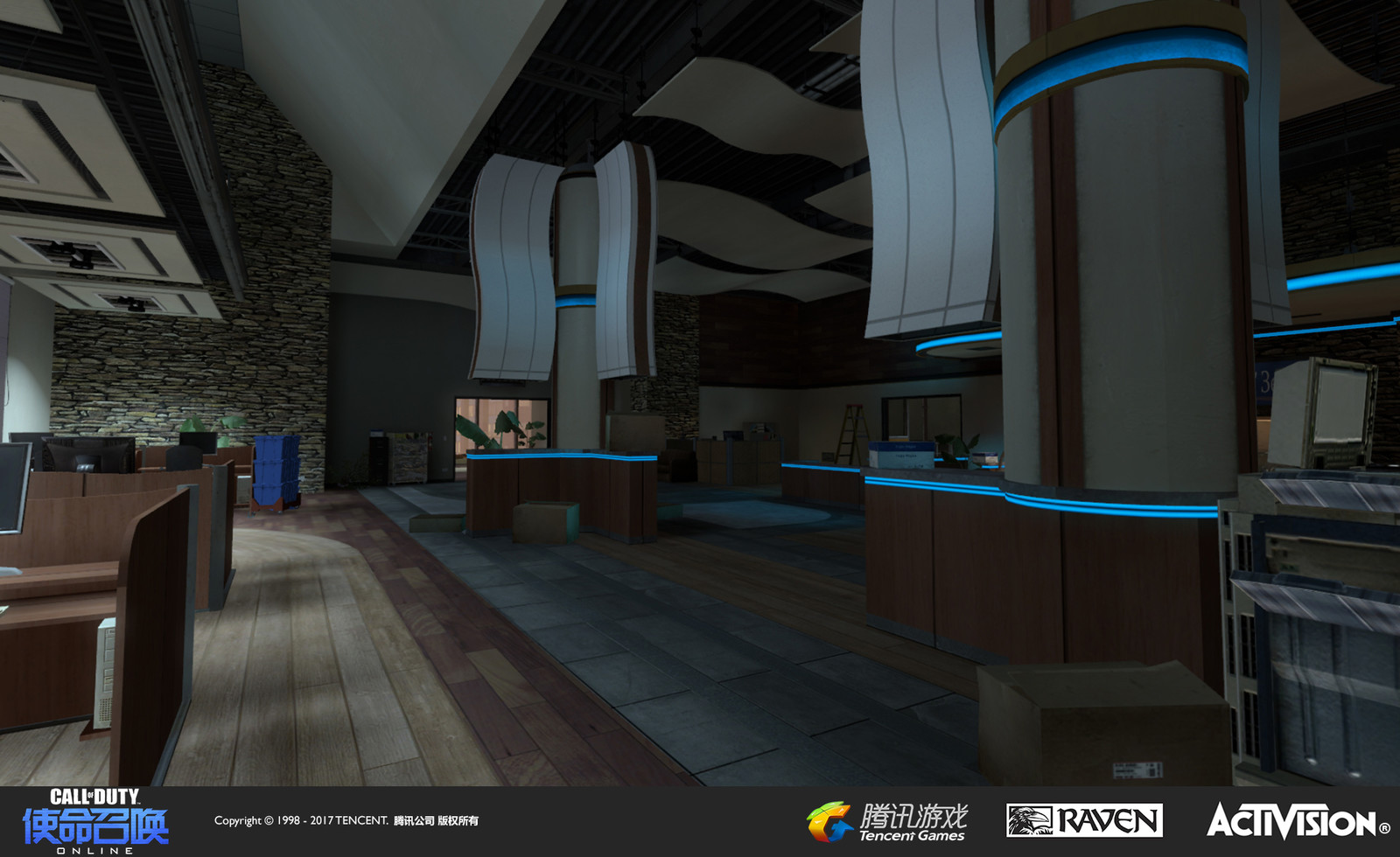 Interior of re-created building cafe. I was responsible for re-theming, models, set dress, textures, and geo modification.