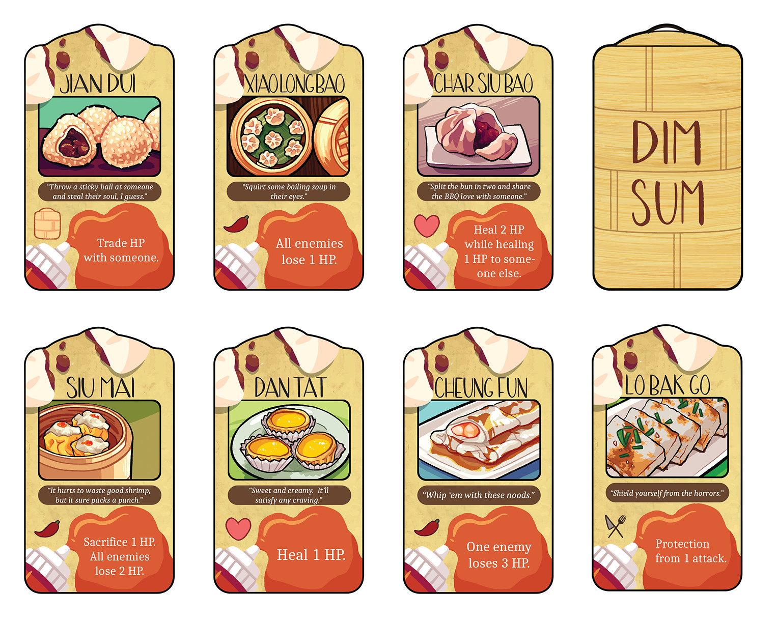 Food/action cards.  The back design is supposed to look like a bamboo steamer basket!