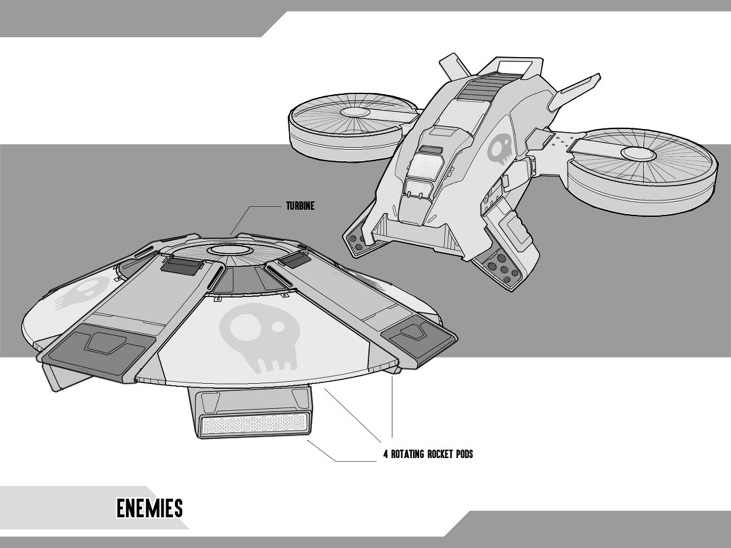 The initial concepts were between a UFO inspired alien ship and a type of military drone vehicle. I decided to go with a little bit in between.
