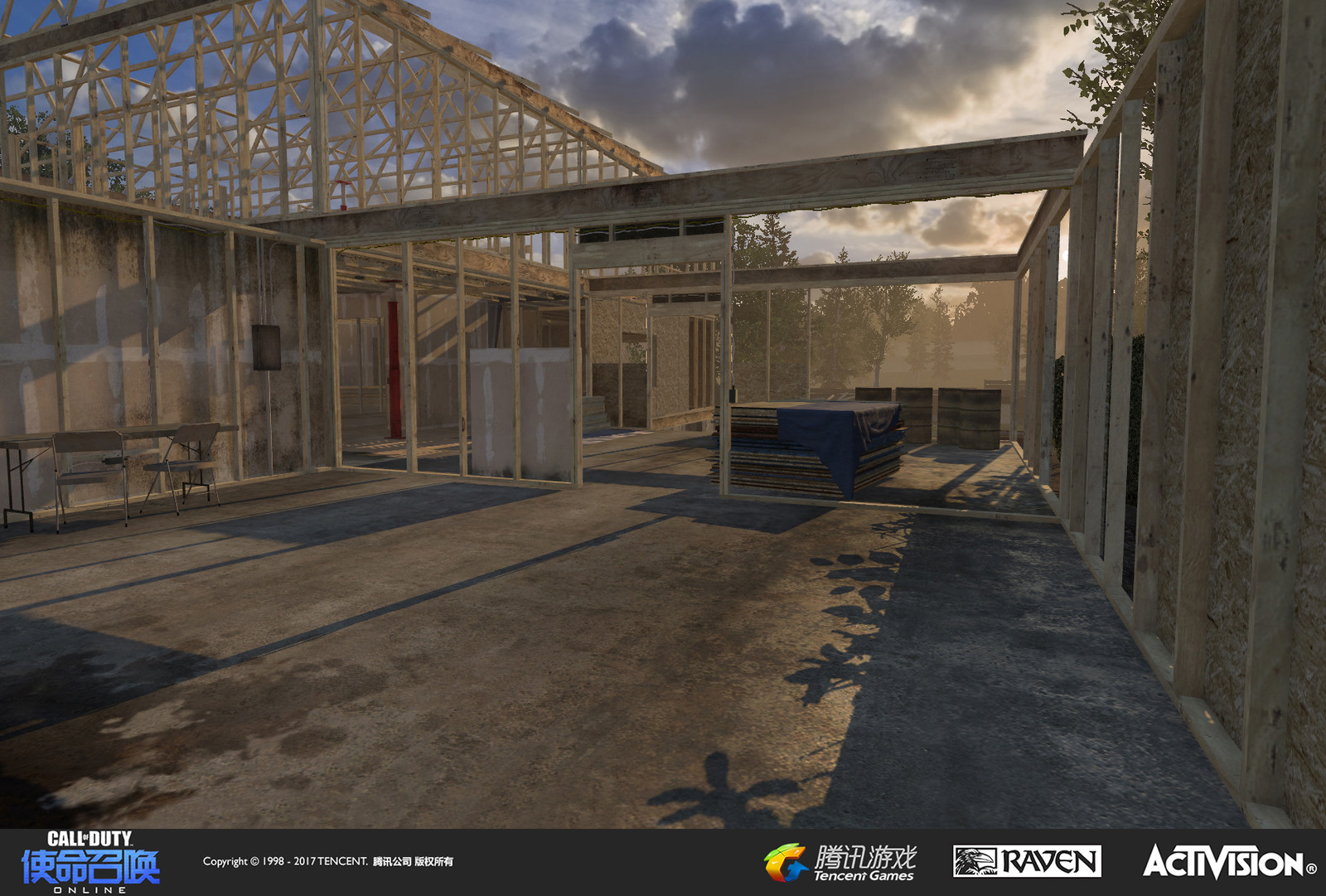 Suburbs: Residential construction site created as an expansion to a re-imagined MW3 map. I created geo, textures, and set dress with an assist by Caleb Tomplait in making the building conform to actual construction specs.