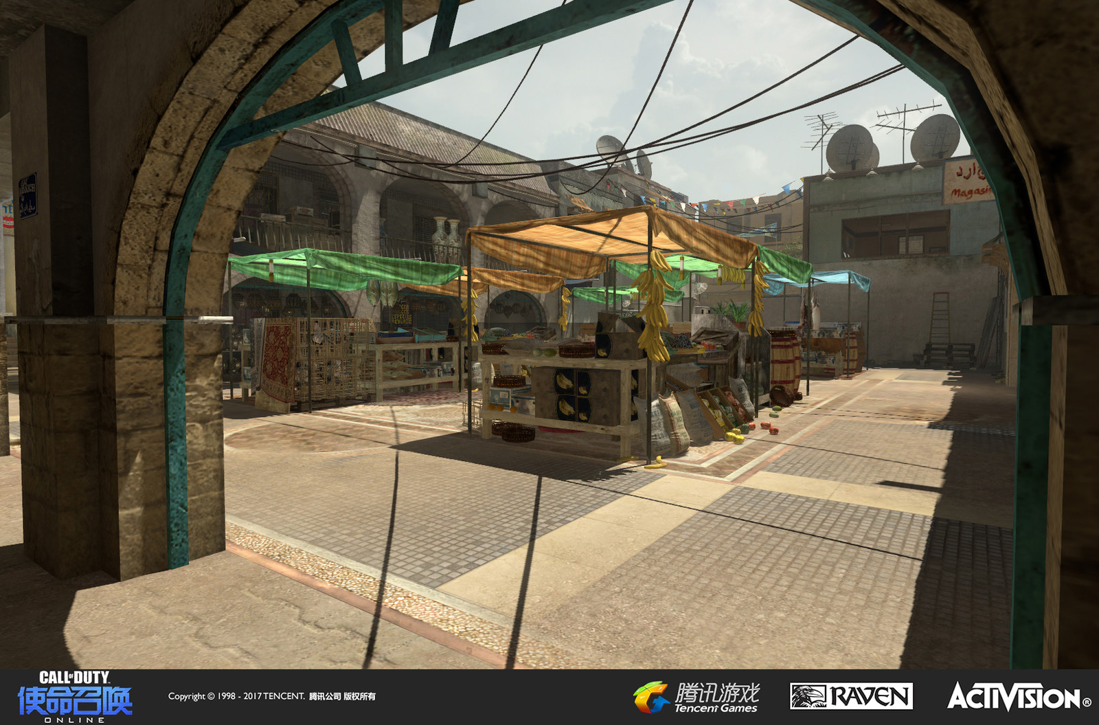 Seatown: A re-imagined multiplayer map originally appearing in Modern Warfare 3. I created the terrain and set dress in this market area (with exception to the market stall cloth tops). 