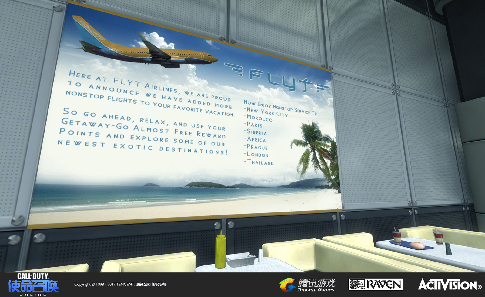 Terminal: A re-creation of the muliplayer map in Modern Warfare 2. I re-themed the ads with a new fictional airline with logo and design work.