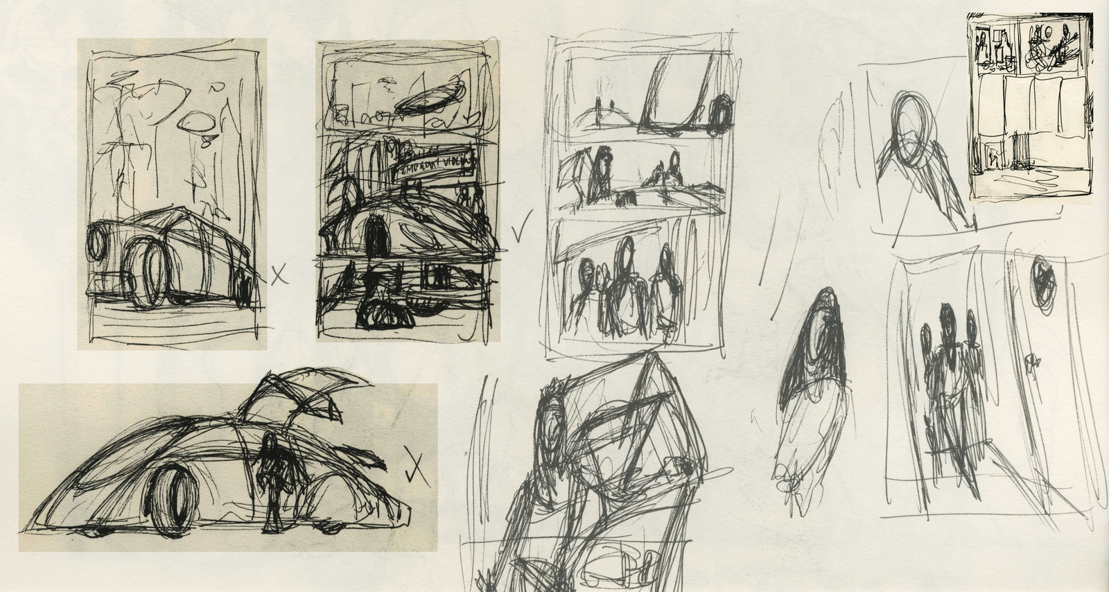 "Arriving at the gig..." - Roughs and thumbnails.
