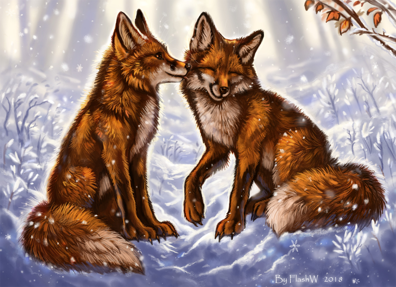 Живопись животные мамы лиса зима