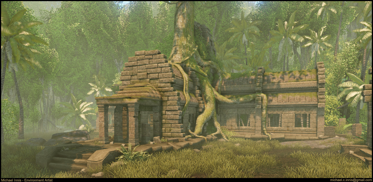 All the "ruin" pieces are modular and were built in 3ds Max after creating the highpoly in Zbrush. Foliage was created by first making a highpoly mesh then RTT to a lowpoly card