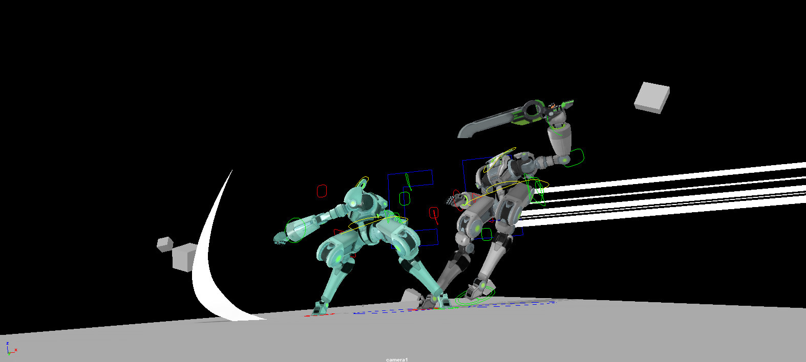 Ended up using 3 rigs for this scene to make R4ND's entrance faster and more dramatic. 