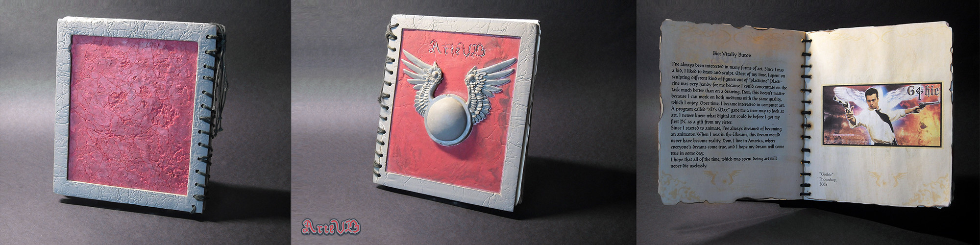 "ArteVB" - Portfolio, 2006. Hand sculpted cover with color printed pages.  Size is 12.5cm X 14.3cm X 1.2cm