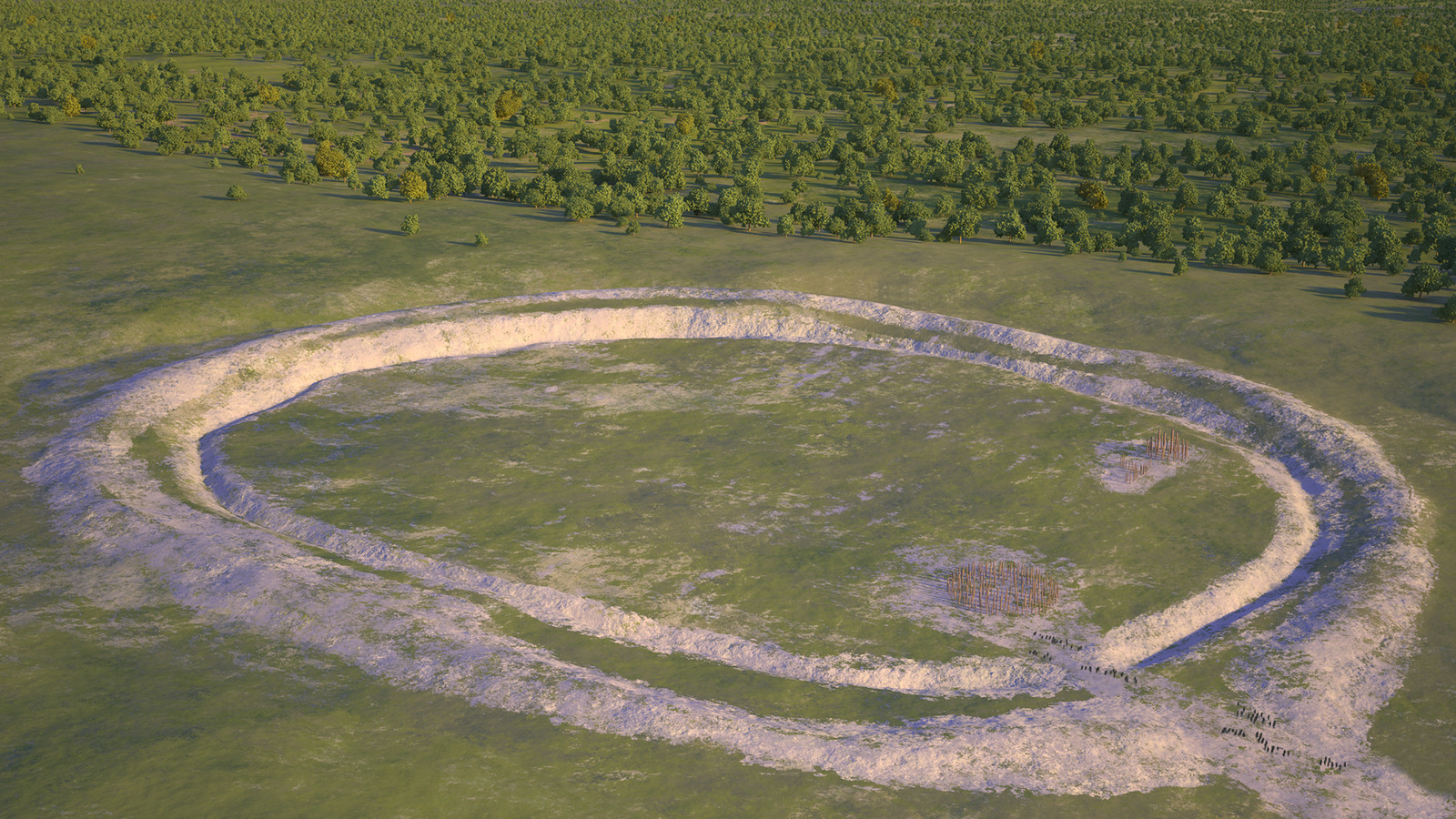 At its lastest phase, Durrington Walls was made into a circular enclosure. Its impressive earthwork includes a ditch and a rampart with a single entrance oriented towards the river Avon. Inside there were other smaller monuments and buildings.