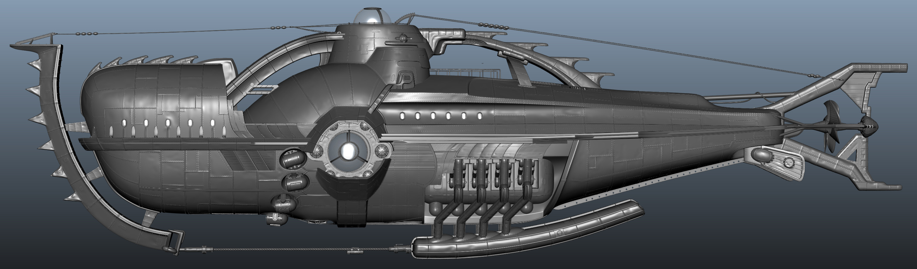 maya screen grab of the Sub I modeled. It was modeled old school all in maya no displacements. resolution was needed to sculpt the panels. There are 60000+ rivets. Model is also water tight for water sims.