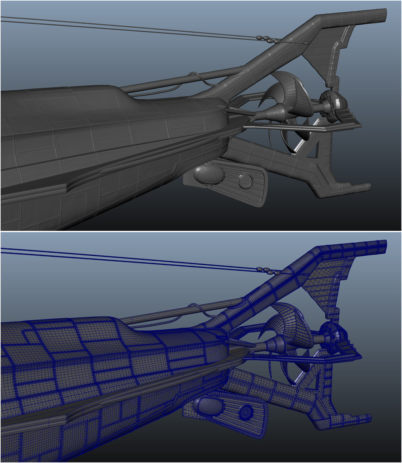 maya screen grab of the Sub I modeled. It was modeled old school all in maya no displacements. resolution was needed to sculpt the panels. There are 60000+ rivets. Model is also water tight for water sims.