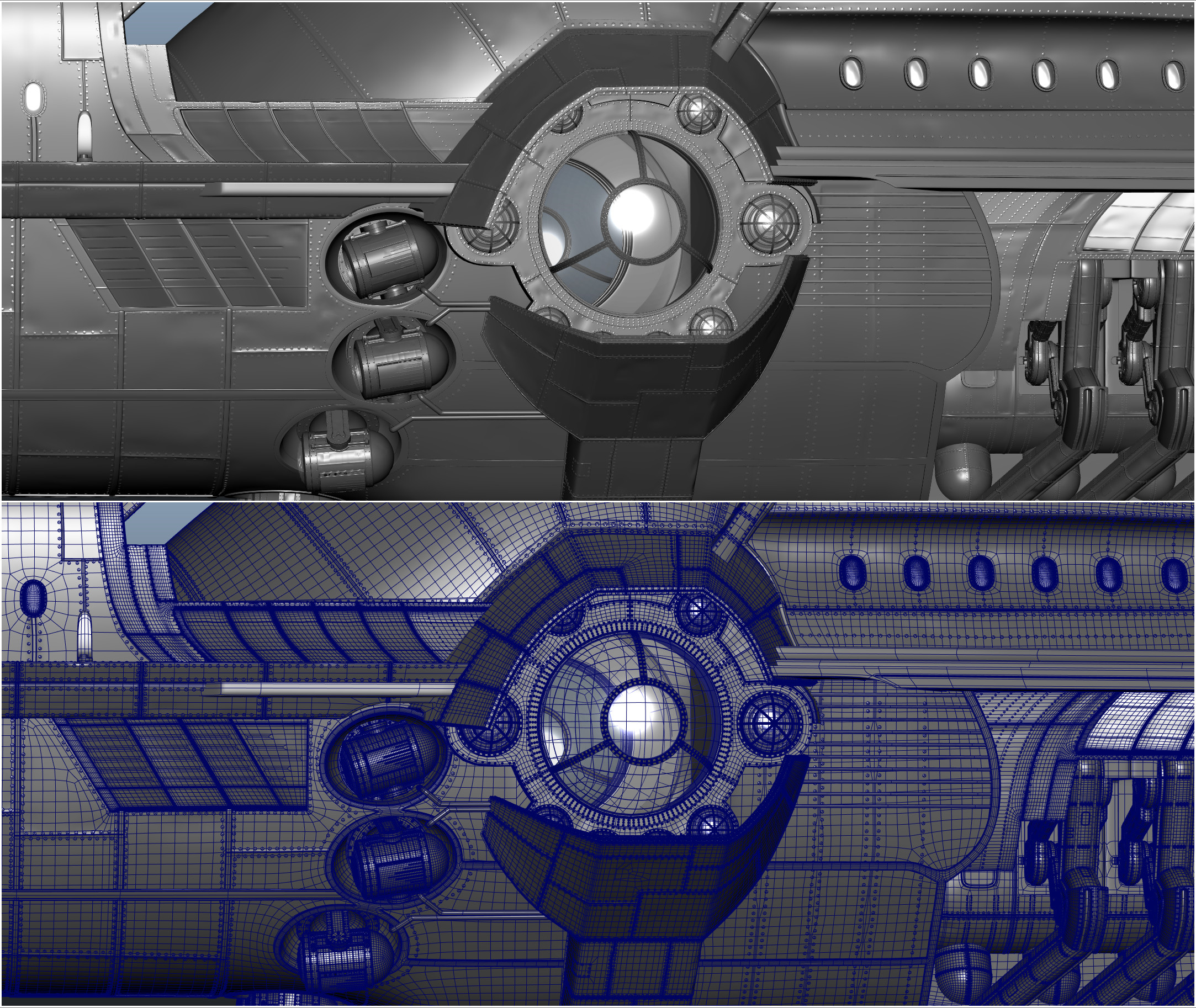 maya screen grab of the Sub I modeled. It was modeled old school all in maya no displacements. resolution was needed to sculpt the panels. There are 60000+ rivets. Model is also water tight for water sims.