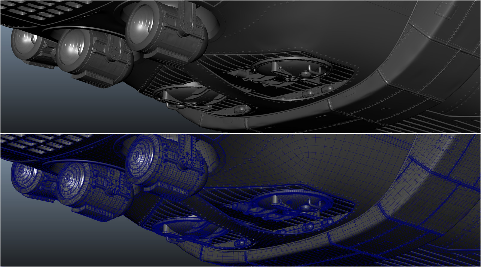 maya screen grab of the Sub I modeled. It was modeled old school all in maya no displacements. resolution was needed to sculpt the panels. There are 60000+ rivets. Model is also water tight for water sims.